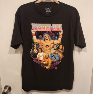 WWE Wrestlemania Men's Black Graphic Print T-Shirt Sz L -Macho Man Hulk Hogan